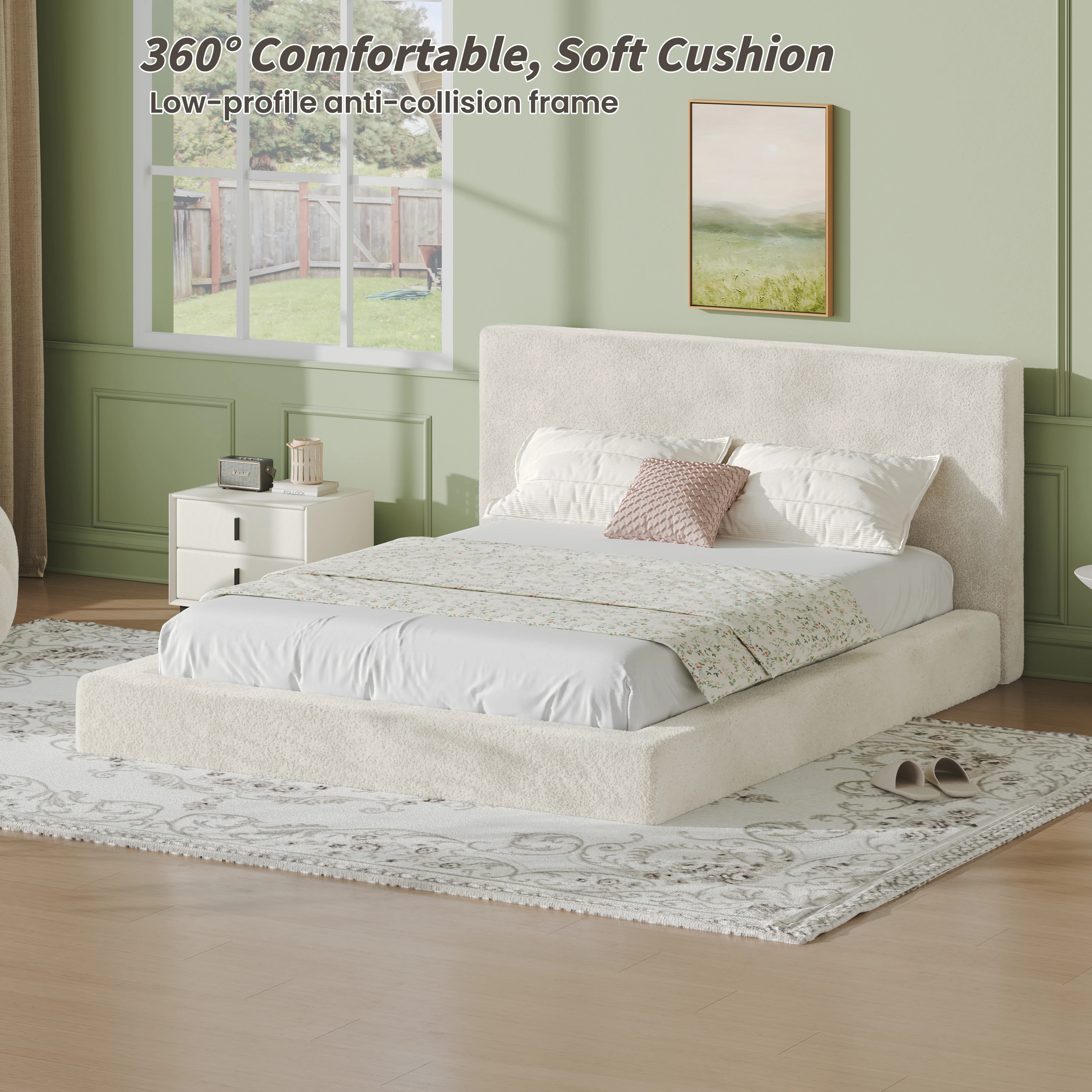 #Modern Bed Surround 8.7'' Sherpa Upholstered Sponge Cushion Easy Assembly