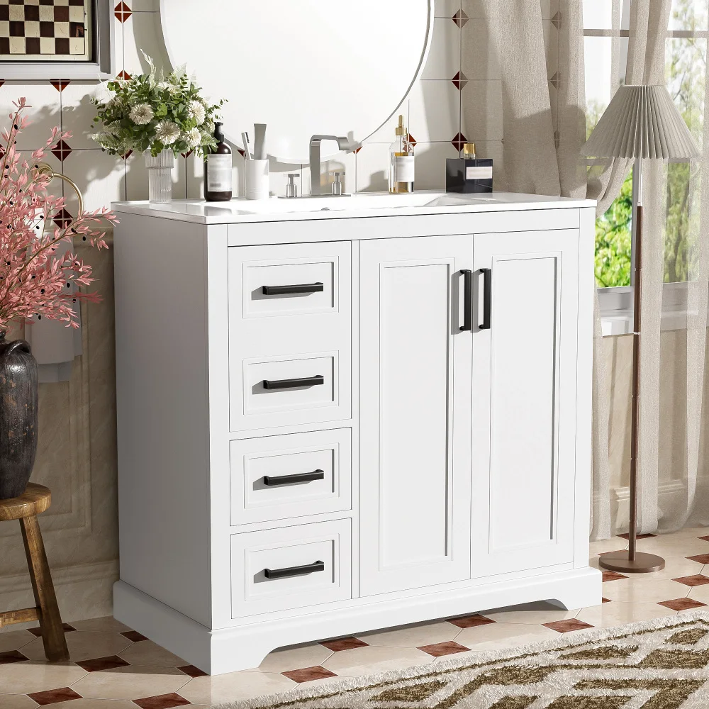 Vaidade de banheiro moderna de 36" com pia de cerâmica, porta com fechamento suave, prateleira ajustável e 3 gavetas, amplo armazenamento, design elegante
