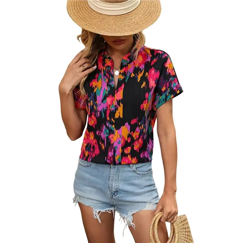 

CYL-Women Button Down Blouses Casual Peplum Summer Tops Dressy Chiffon Blouse