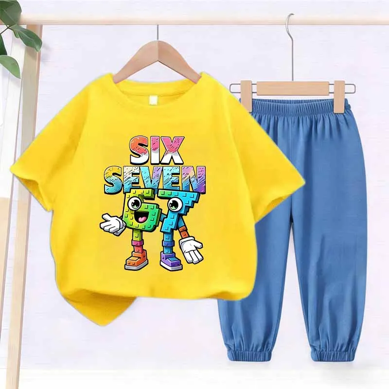 

Summer Kids Colthes Sets Cartoon “SIX SEVEN” Print Short Sleeve T-shirts and Denim-like Thin Mosquito-proof Long Pants Set Wear