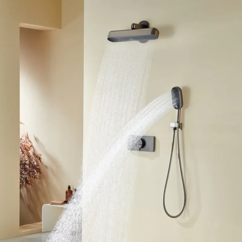 

Premium LED Rainfall Shower System Set - Built-In Mixer with High Pressure Wall Mounted Shower Head & Handheld Spray, Concealed