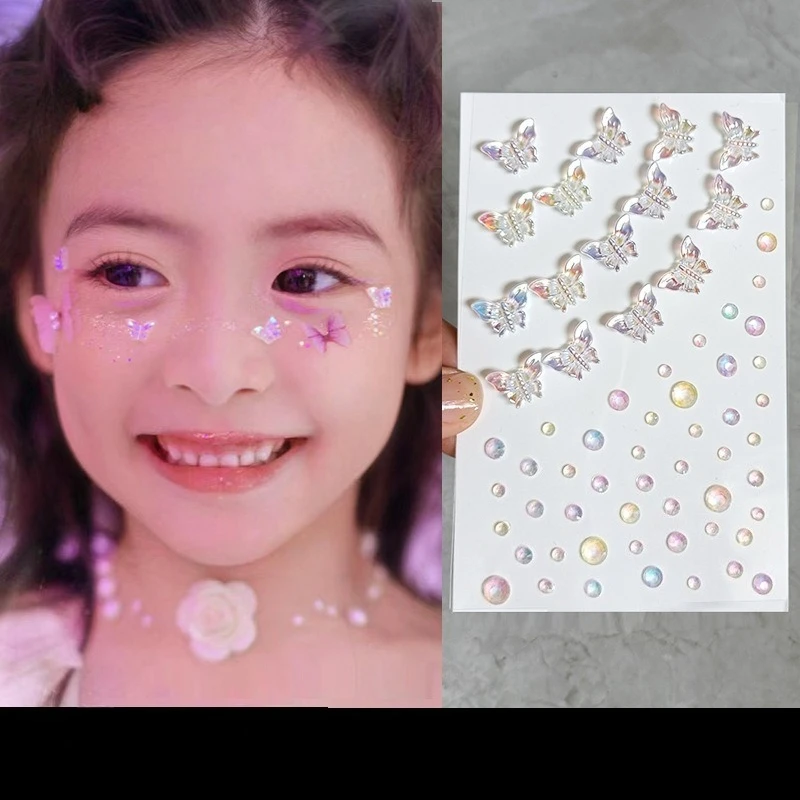 

Самоклеящиеся наклейки для лица, блестящие бабочки, цветы, сердца, дизайн для девочек, сценический макияж, без клея, легко наносится, украшение для вечеринки
