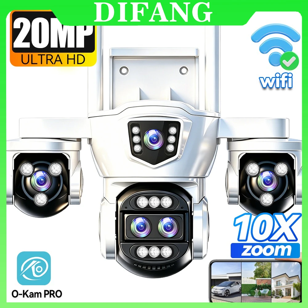 

20MP WiFi Camera CCTV Outdoor Three Screen External IP Cam 10X Zoom 10K Video Surveillance Camera Four Lens