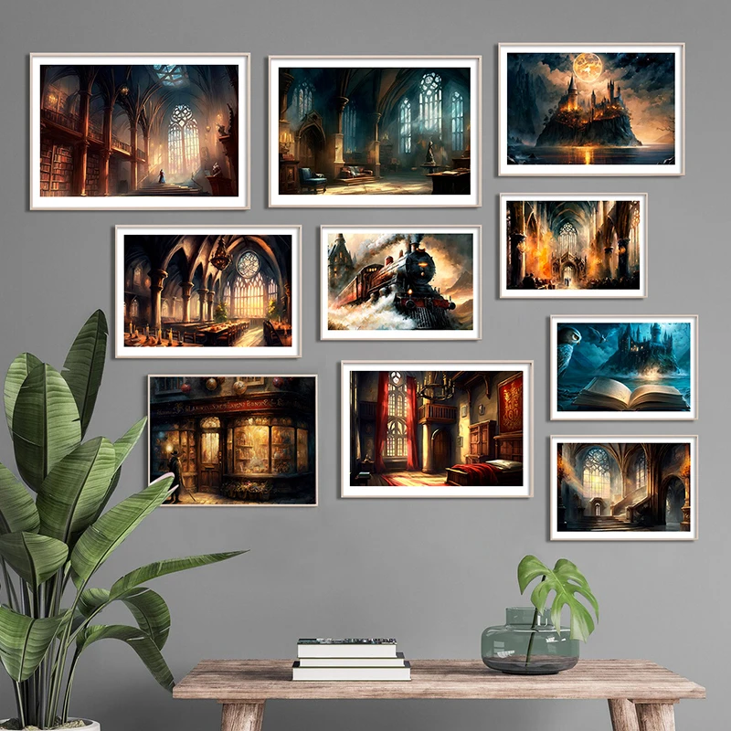 Impresiones Artísticas de Acuarela de la Escuela de Magia, Pósters de la Película de Harry Potter, Pintura en Lienzo de la Varita de la Academia de Magos, Decoración de Pared para Habitación de Niños