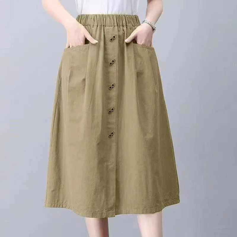 

Women's Elastic Waist A-line Midi Skirt Casual Button Detail