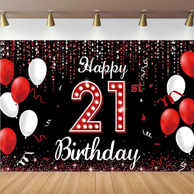 Photography Backdrop For Her Red Black And White Balloon Poster Happy 21st Birthday Party Decor Photo Background Props Banner