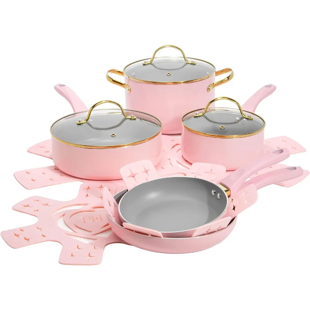 

Paris Hilton Epic Nonstick Pots and Pans Set, Multi-layer Nonstick Coating, Tempered Glass Lids, Soft Touch, Stay Cool Handles,