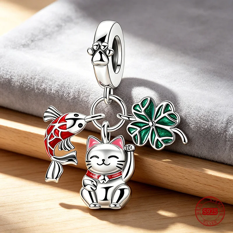 

Ahthen 925 Sterling Silver Beads Lucky Cat, Carp and Clover Dangle Charm fit Snake Chain Bracelets or Necklaces Women Jewelry
