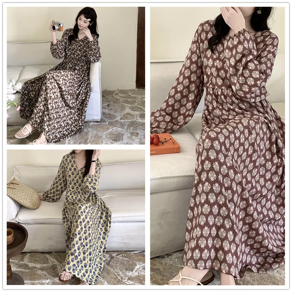 Summer ladies nightdress viscose fiber V-neck elegant print long sleeve dress home skirt plus size sexy women