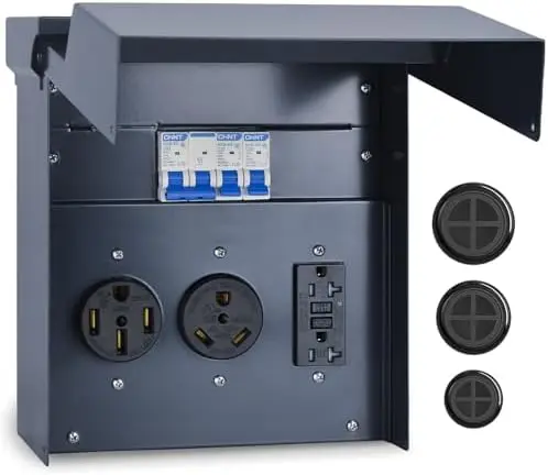 

Электрический распределительный щиток для автодомов с автоматическим выключателем 30/20А и влагозащищенной розеткой – сертифицирован UL 50, простая установка для кемперов и прицепов (синий)