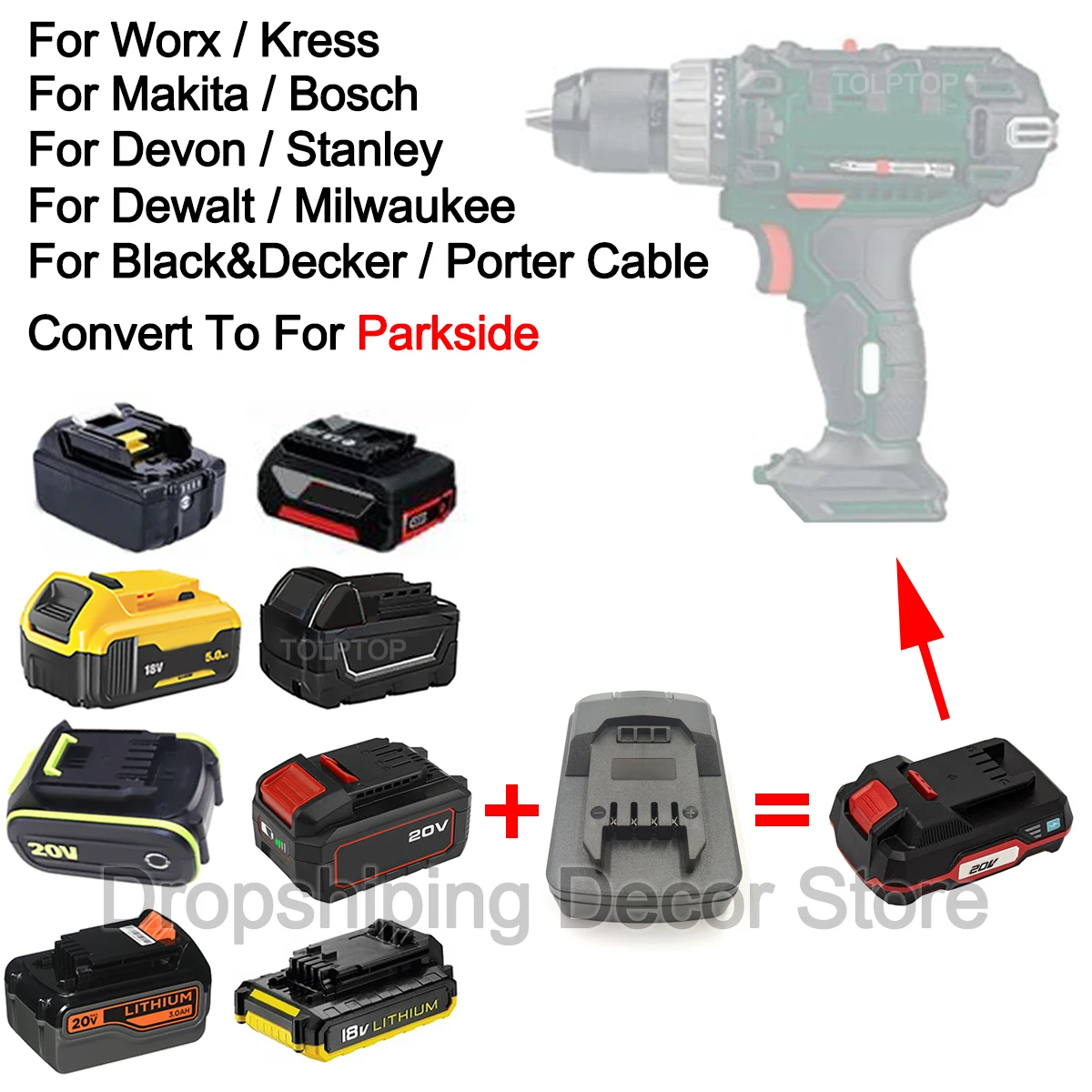 Convertisseur adaptateur de batterie pour Makita, Bosch, Dewalt, Milwaukee, Worx, Devon, Black & Decker, Stanley Eddie ion, Parkside Tool