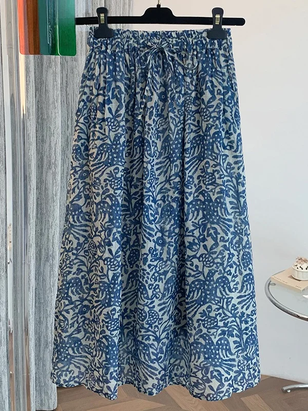 تنورة نسائية صيفية بخصر عالٍ وقصة A-Line، مطبوعة، مقاس كبير، فضفاضة، من القطن والكتان، بخصر برباط، تُساعد على إخفاء عيوب الجس...