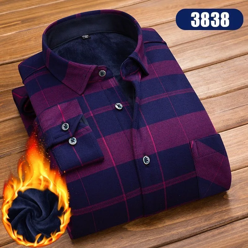 2024 Autumn/Winter New Fashion Trend Plus Fleece Thickened Warm Long Sleeve Shirt Men's Casual Loose High-Quality Plaid Shirt