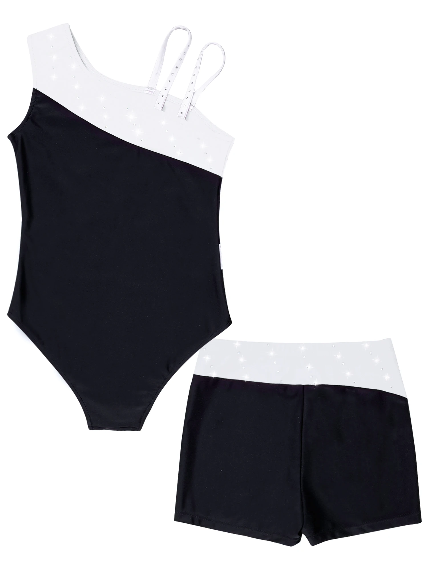 Bambini ragazze senza maniche lucido strass danza classica body ginnastica body con pantaloncini Set Stage Performance Dance Wear