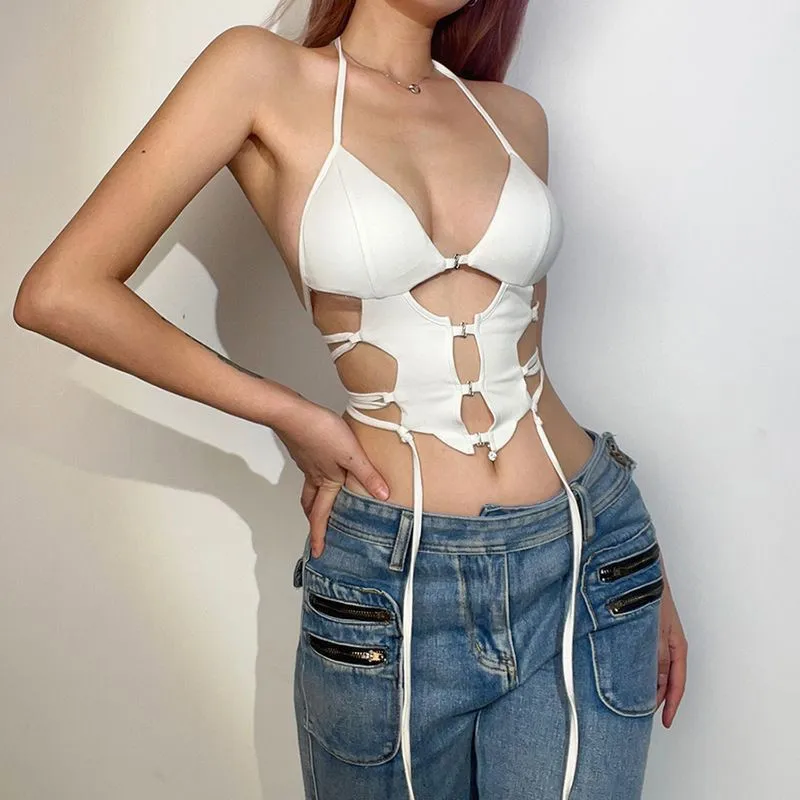 Summer fashion street sexy hollow out bandage low-cut halter tank top solid color women\'s clothing crop tops