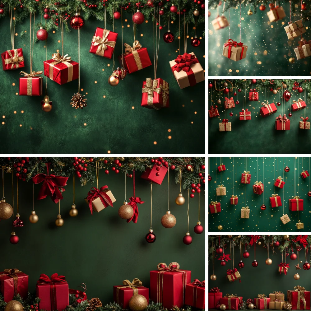 

Christmas Gift Wall Backdrop Photography Golden Xmas Ball Green Wreath Glittering Backdrop Winter Children Photobooth