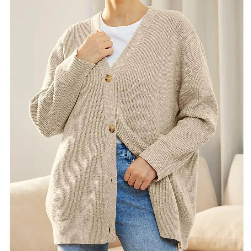 Simple And Versatile Knitted Button V-neck Solid Color Sweater Women's Loose Fashion Home Casual Long-sleeved Solid Color Jacket