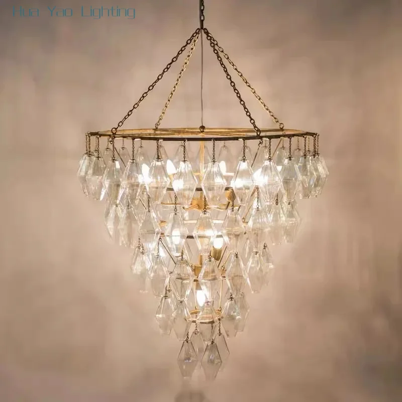 American style wrought iron antique chandelier retro villa living room staircase minimalist prismatic glass creative chandelier