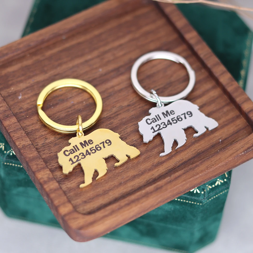 QIAMNI Stainless Steel Grizzly Bear Key Chain Custom Number Name Keychain Engraved Animal Keyring Jewelry Gift For Women Men