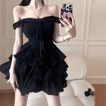 Image Women Spicy Girl Off Shoulder Party Black Suspender Fluffy Fringed Mini Dress