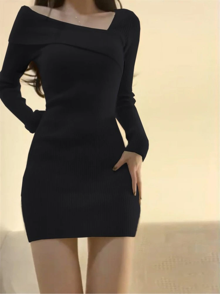 2024 Female Dress Crochet Knitted Clothing Prom Party Black A Line Knit Harajuku Long Sleeve Y2k Vintage Hot Sale Womens Dresses