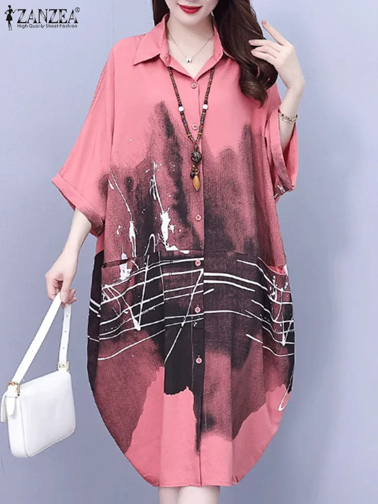 Women Oversize Lapel Neck 3/4 Sleeve Shirt Dress Summer Sundress ZANZEA Bohemain Vintage Printed Vestidos Casual Baggy Work Robe