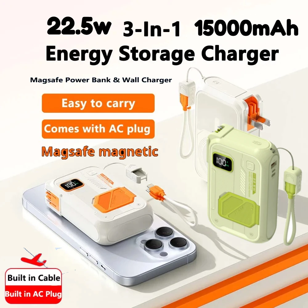 Nuevo cargador de almacenamiento de energía 3 en 1, banco de energía inalámbrico portátil de 22,5 w con soporte, diseño resistente al agua y resistente de 20.000 mah