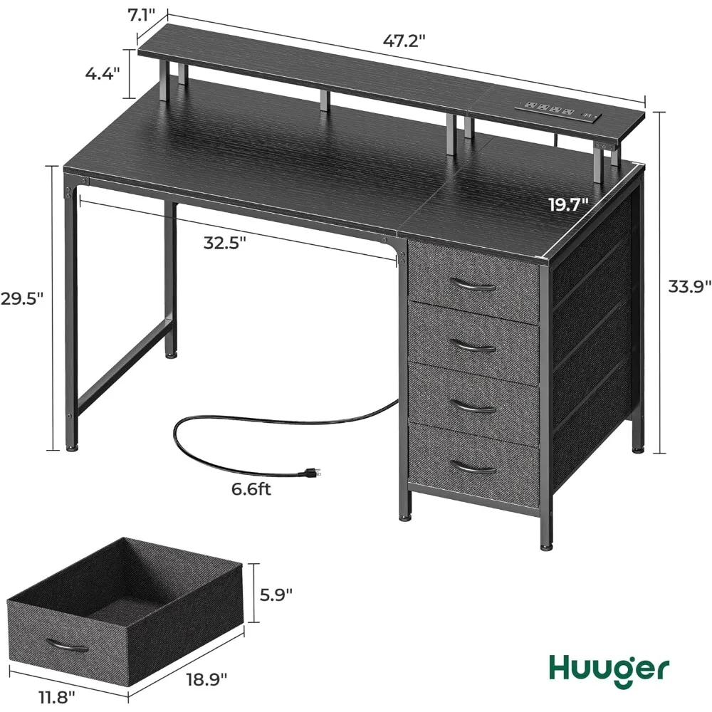 Computer Desks 47Inch Computer Desk with Power Outlets and LED Lights,Gaming Desk with 4 Drawers, Office Desk with Monitor Stand