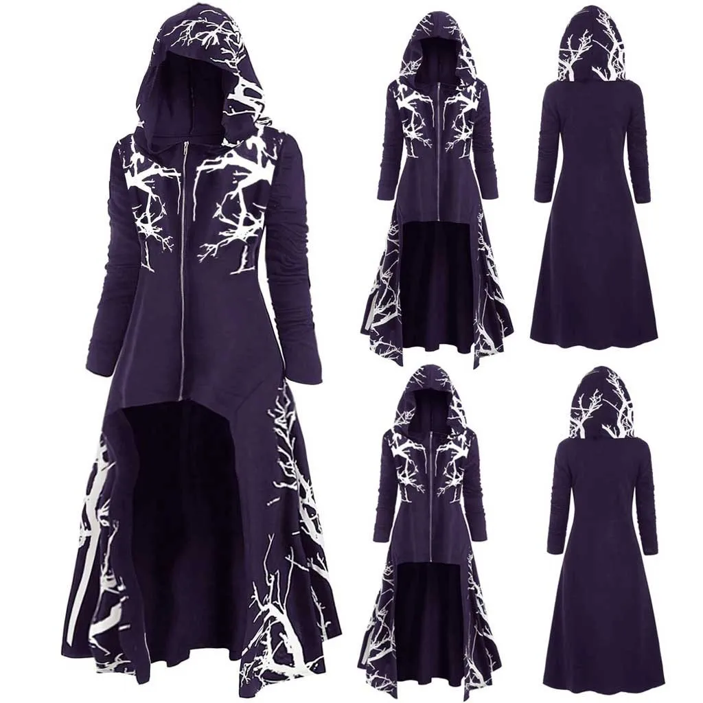 Womens And Men Hooded Cloak Halloween Dress Plus Size Tree Print High Low Printed Coat Blouse Tops Party Zipper Cloak Costumes