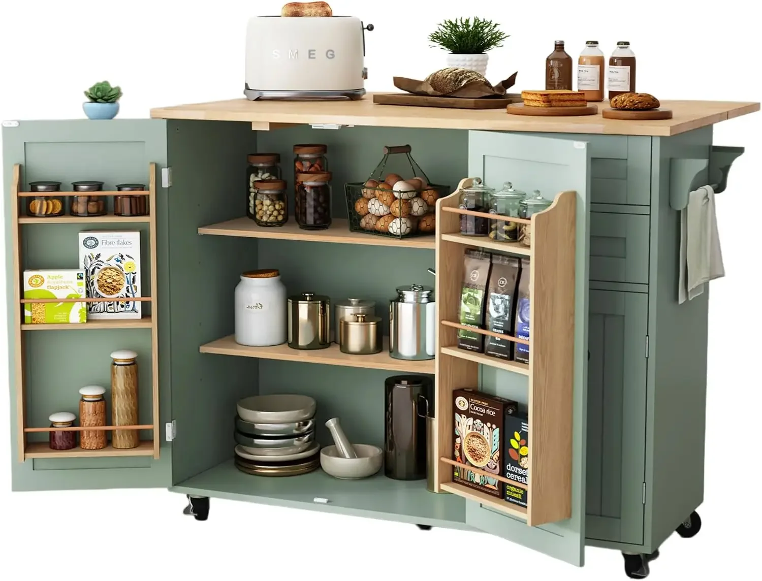 Kitchen Island with Storage, Sage Green Rolling Kitchen Cart on Wheels with Drop-Leaf Bar Countertop, Islands Prep Table