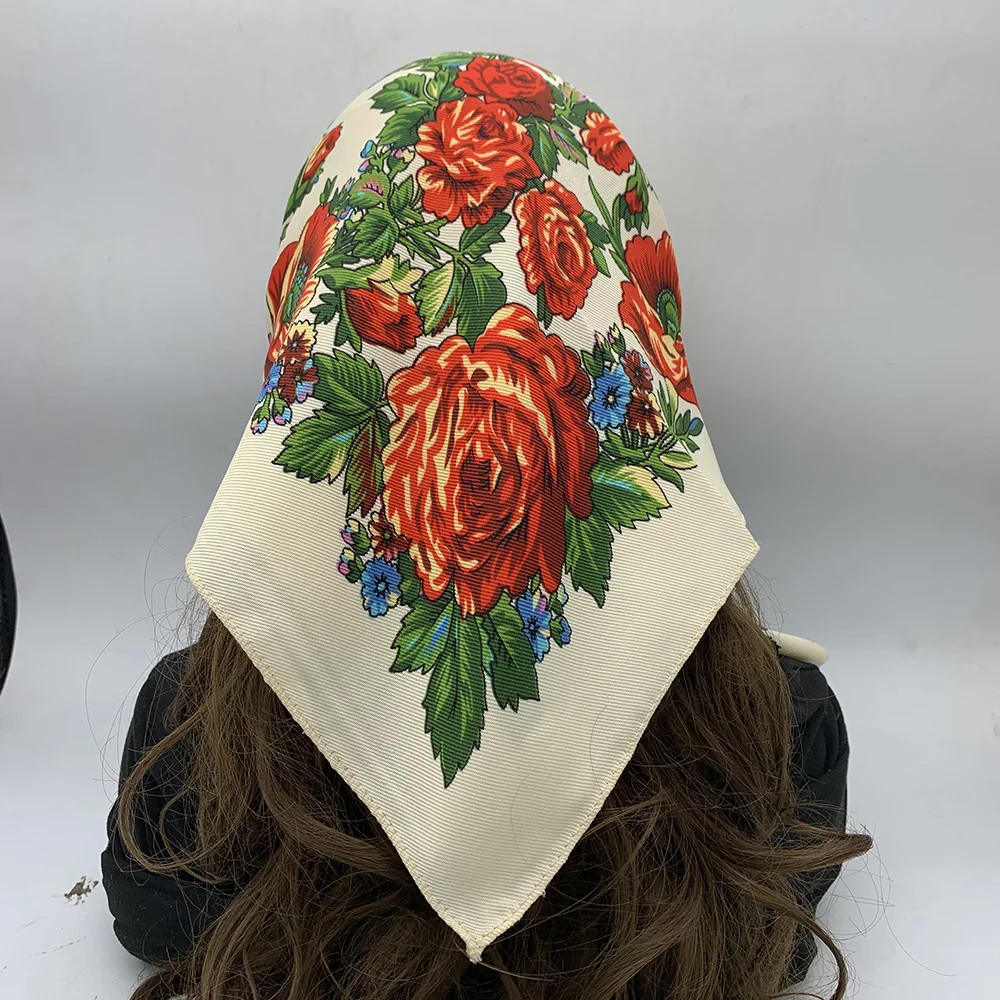 Russian Style Floral Print Gold Pieces Bandana Scarf Ethnic Headscarf Lady Headband Scarves Babushka Head Wraps