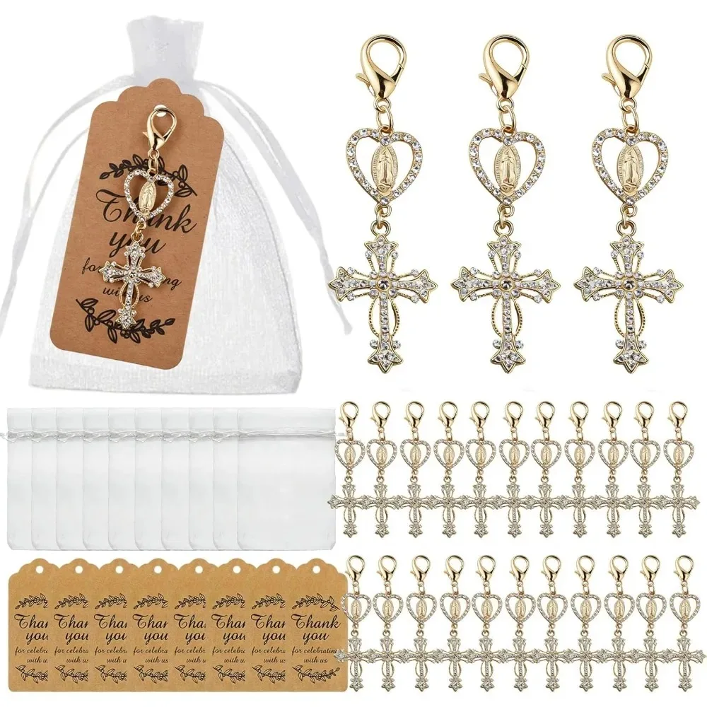 2/5/10/25 Sets de Dijes para Recuerdos de Bautizo al por Mayor, Dijes de Cruz y Medalla de la Virgen María Chapados en Oro con Pedrería, con Bolsas de Organza y Caja