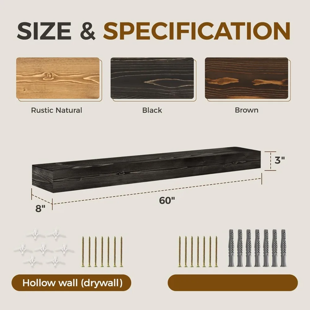 60 Rak Kayu Rustic dengan Braket Tersembunyi, 3 Lapis Tebal, Dekorasi Dinding Hitam