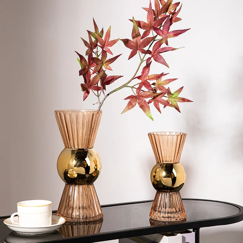 Colored Glass Vase Transparent with Golden Geometry  Stripe Flower Vases Home Decoration Accessories Terrarium