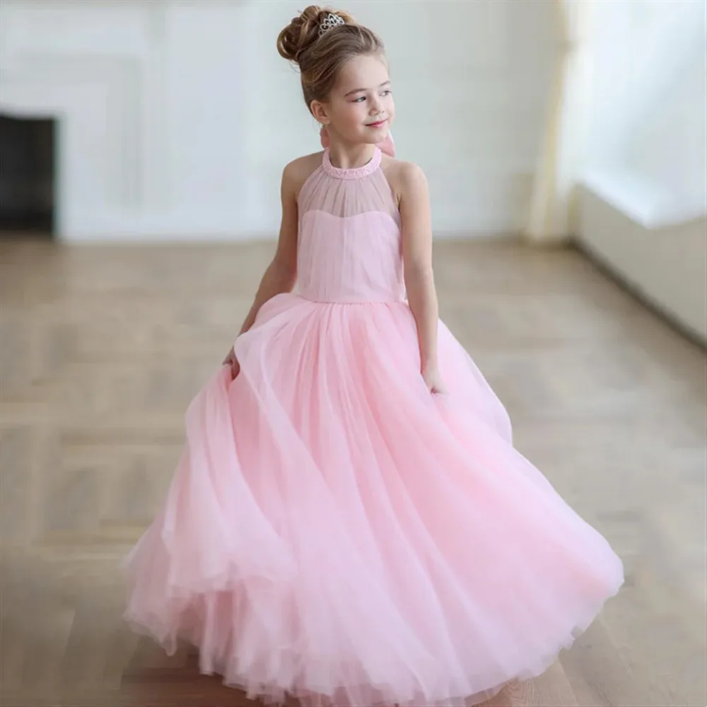 

Pink Flower Girl Wedding Dress Customized Halter Sleeveless Backless with Bow Princess Birthday Party Dress First Communion Gown