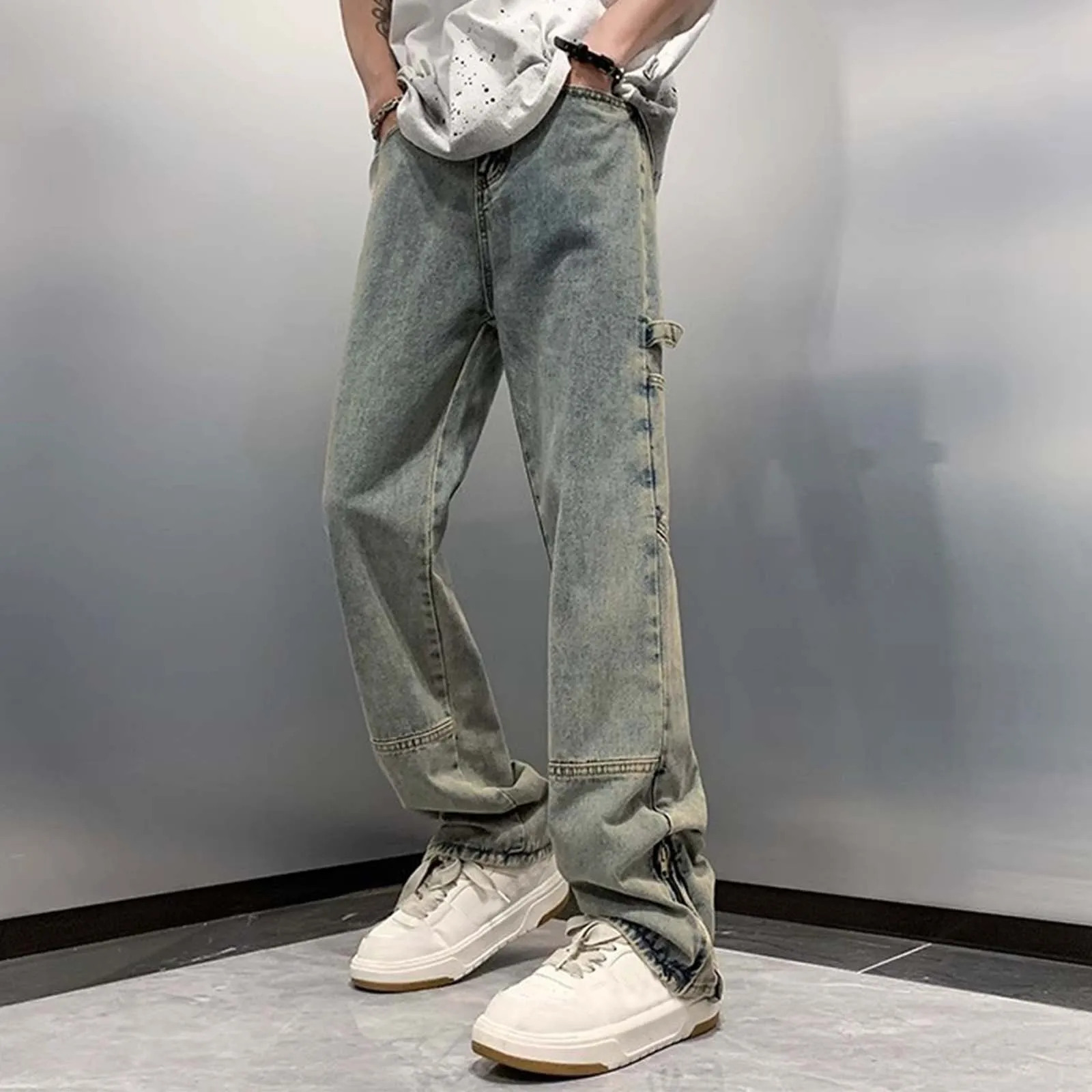 Mens Wide Leg Jeans Elastic Waist Baggy Jeans Casual Drawstring Denim Pants Trousers Jean for Work Men