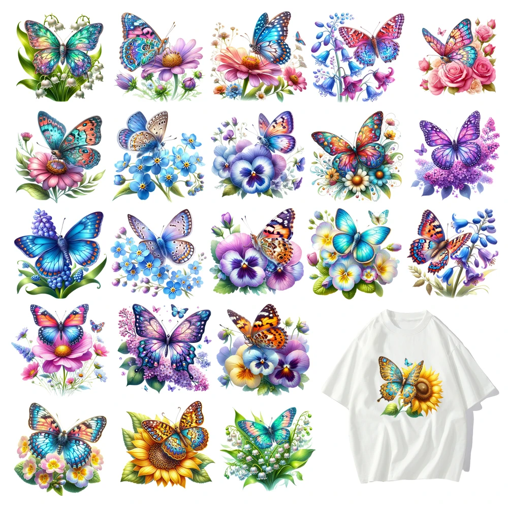 30 types Cartoon Beautiful Flower Butterfly DTF Thermo Sticker Decals Heat Transfer Clothes Clothing Crafts Ironing Accessory