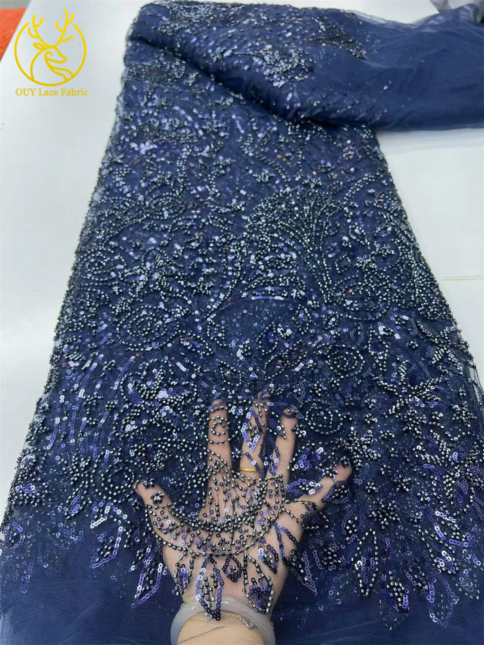 Grüner eleganter afrikanischer Perlen-Pailletten-Spitzenstoff, 5 Yards, hochwertige nigerianische Mesh-Tüllspitze für Damen, Abschlussball, Partykleid, Nähen – Detail 11