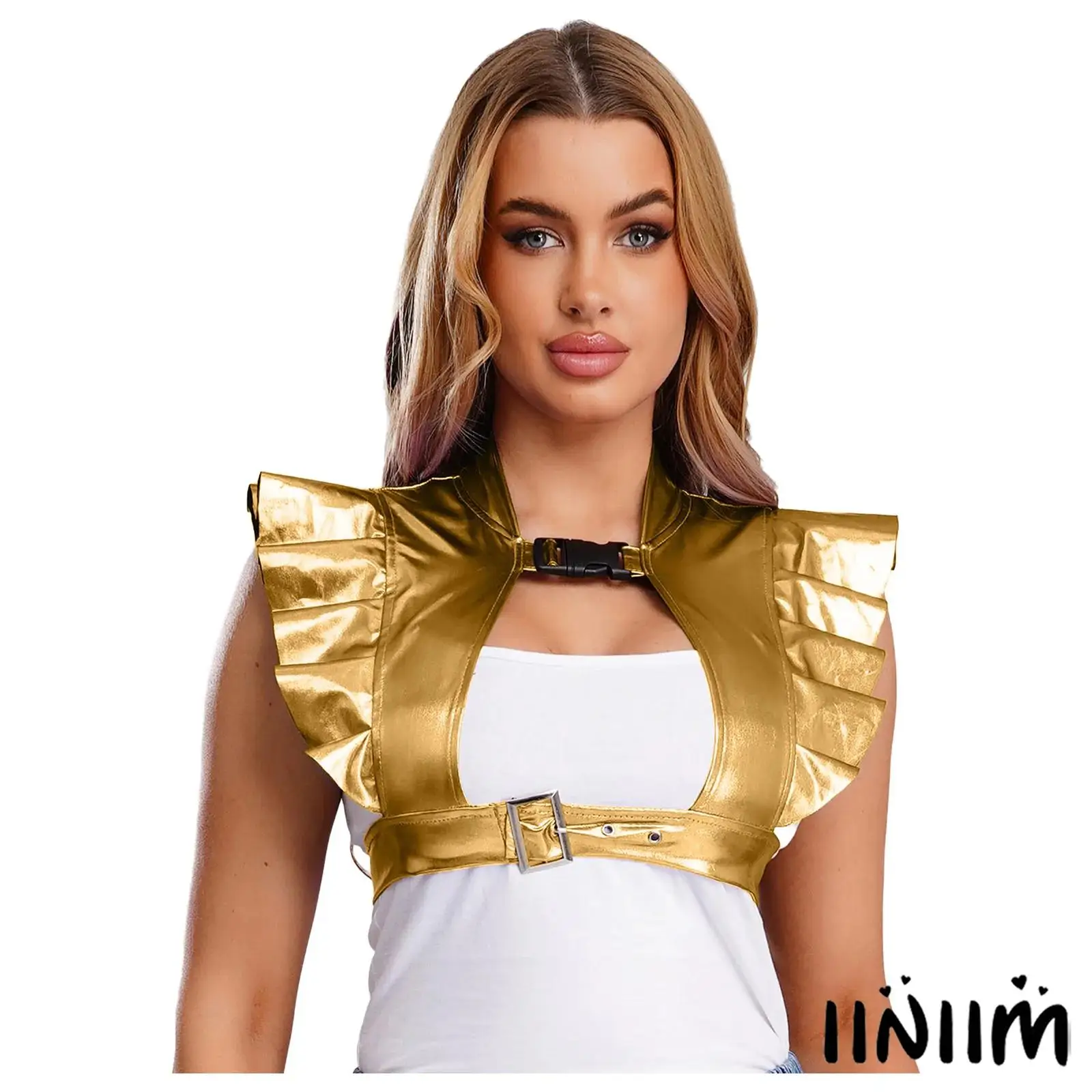 

Женский джазовый танцевальный жилет в стиле хип-хоп, металлическая броня на плечах, футболка с рюшами и отделкой спереди, вырез с регулируемыми нижними бретелями, укороченный топ