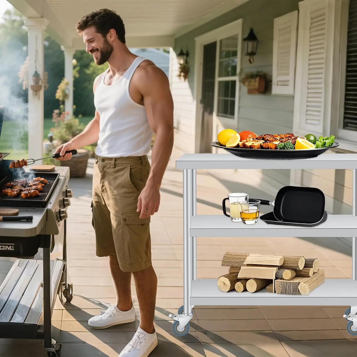 Three Tier Stainless Steel Outdoor Prep Workbench Multi Functional Storage Shelves Lockable Wheels Patio Kitchen Dining Room Gar