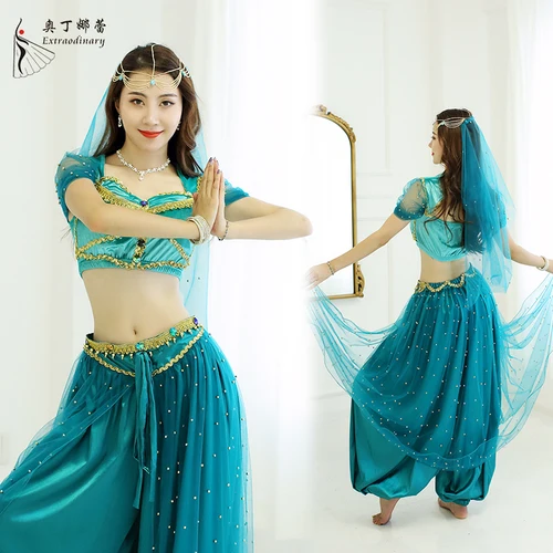 Disfraz de princesa Jasmine para danza del vientre, traje de Cosplay de Aladino para Halloween, conjunto de pantalones superiores con velo de Bollywood indio para mujeres y niñas