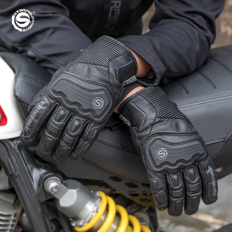 SFK Black Motorcycle Gloves Genuine Goat Skin Leather Winter Windproof Warm Anti-skid Wear-resistant Finger Touch Screen Design