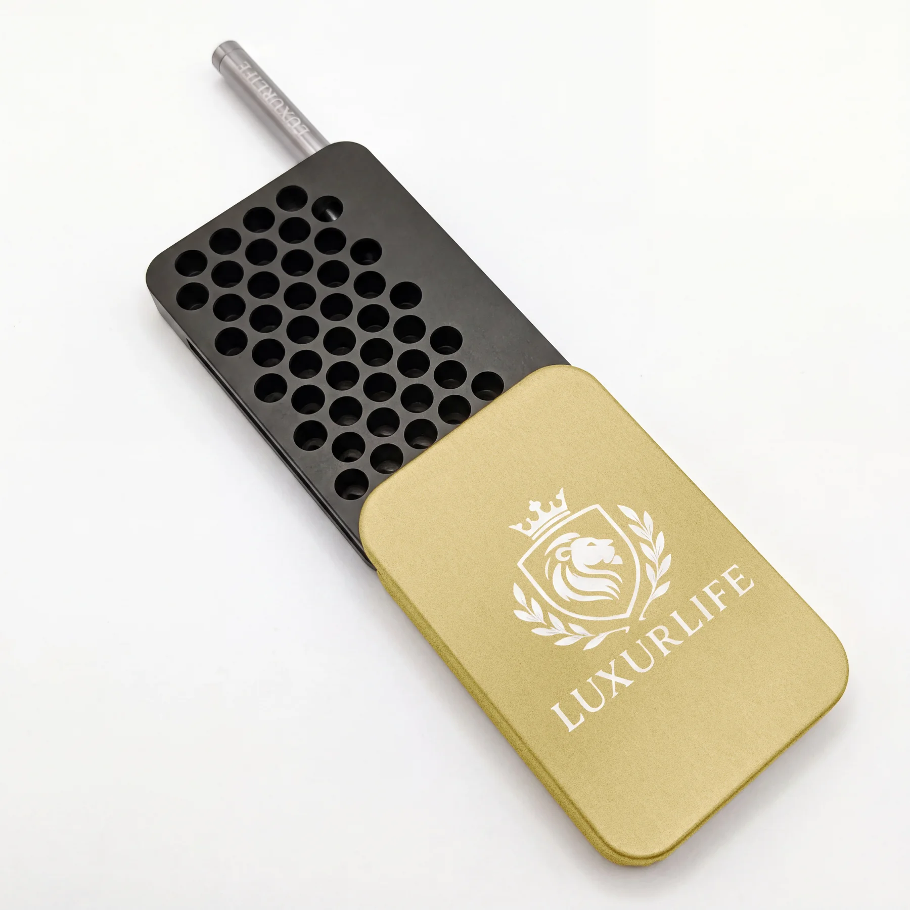Slim 45-Hole Metal Snuff Box with Laser-Engraved Lion Crest, Gift Set,Snuff Kit