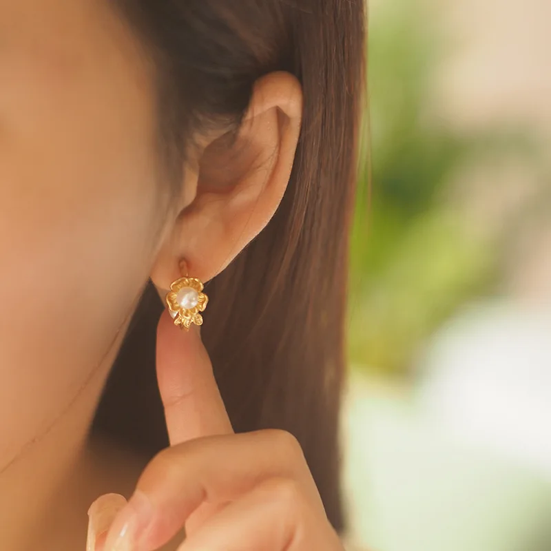 Greek Niche Design Forest-Style Floral Pearl Vintage Stud Earrings - Chic French Flair