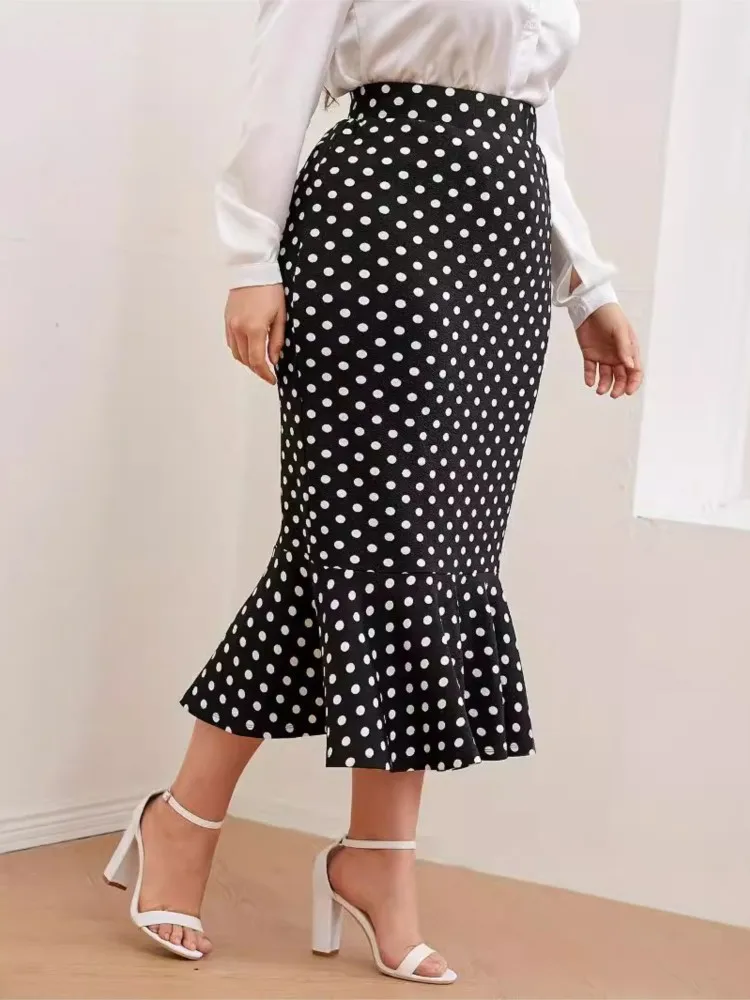 Plus Size Summer Polka Dot Print Midi Skirt Women Fishtail Ruffle Pleated Modis High Waist Ladies Skirts Slim Korean Woman Skirt