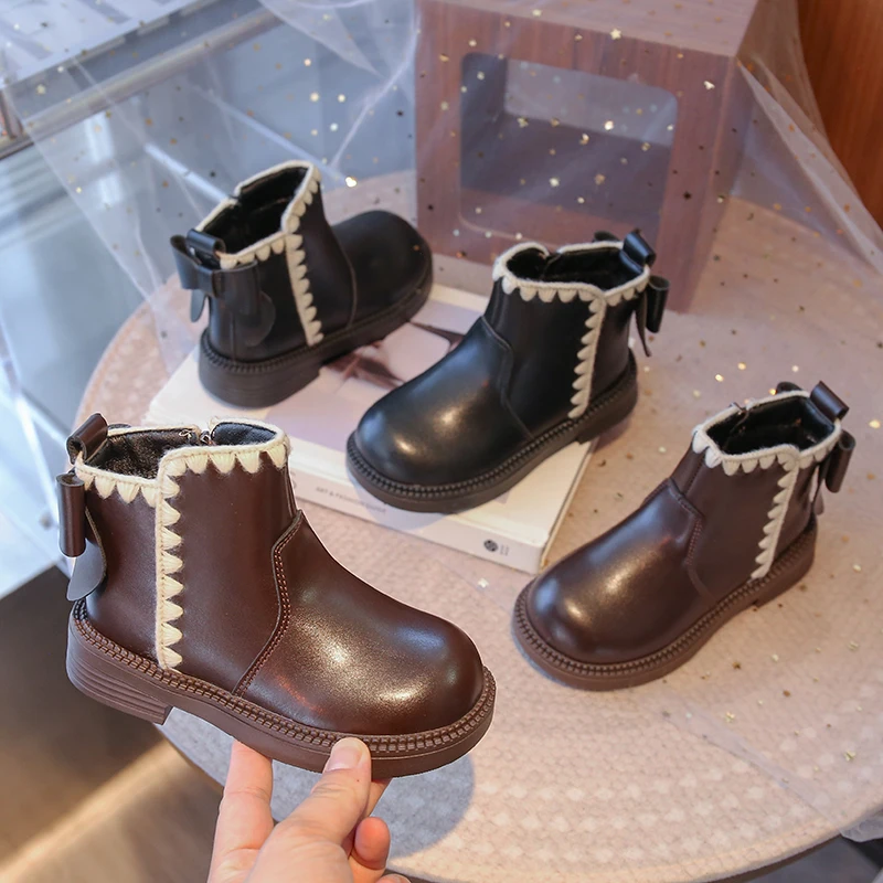 

Winter Baby Girls Boots 2025 Plush Warm Cute Princess Bowknot Pu Leather Kids Ankle Boots Soft Luxury Non-slip Child Cotton Shoe