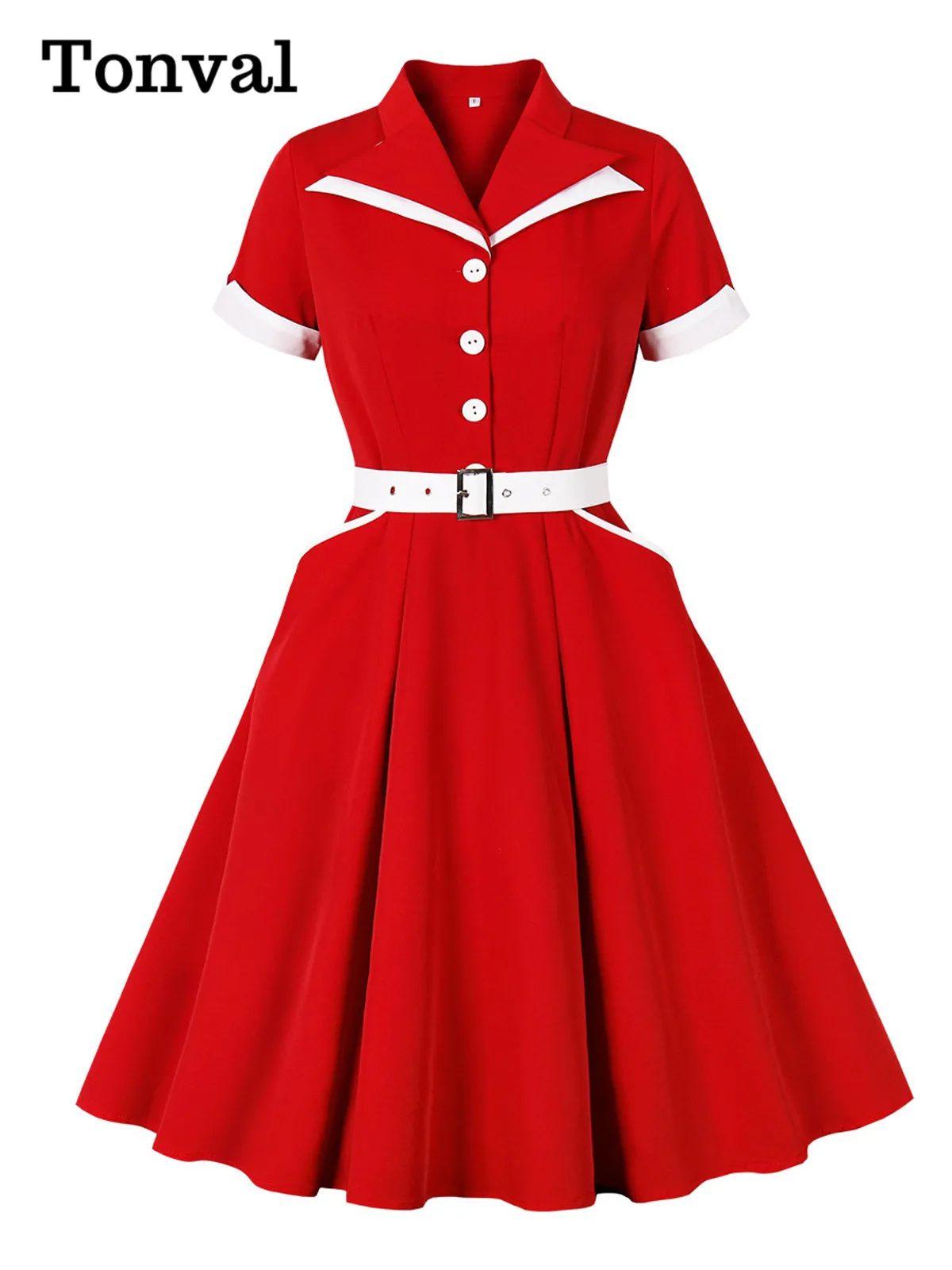 Tonval Contrast Collar and Cuff Buttons Front Christmas Red Dresses Vintage Clothing Women Pockets Side Birthday Swing Dress