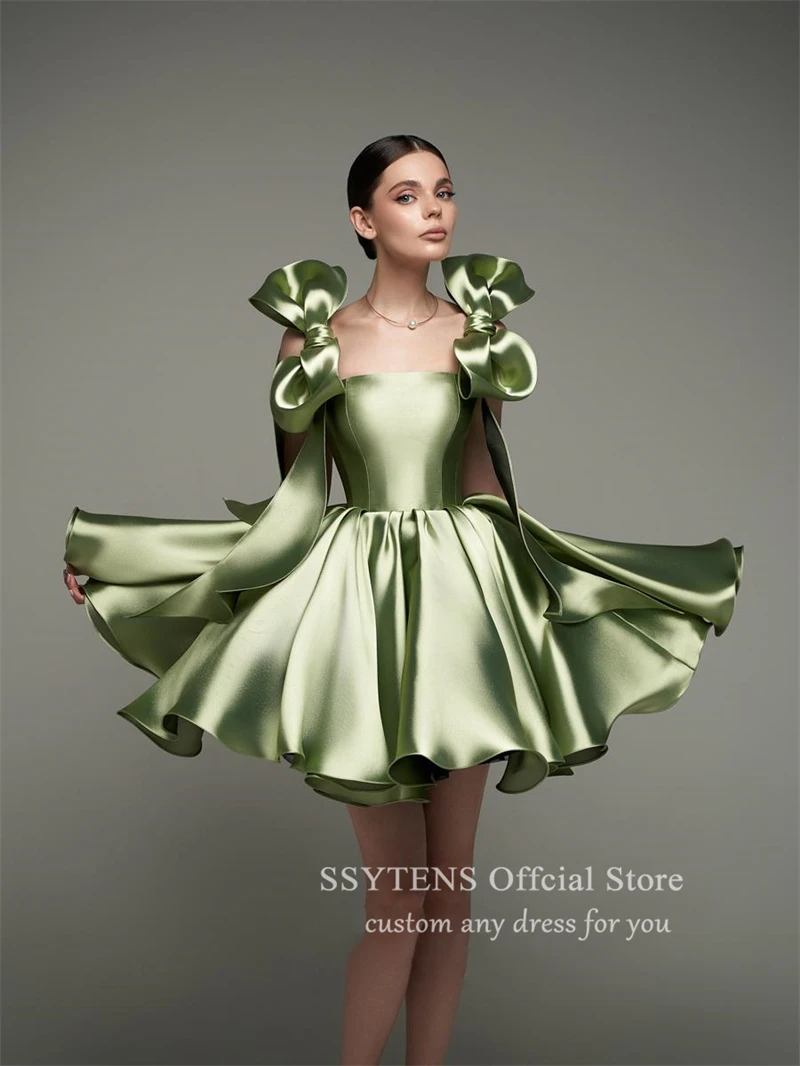 Green Short Satin Evening Dresses Spaghetti Straps With Bow Off the Shoulder Birthday Party Cocktail Dresses Lace-up Robe De Bal