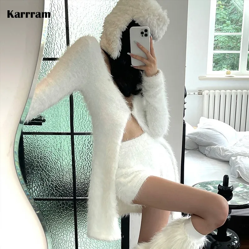 Karrram Fairycore White Cardigans Sexy V-neck Mohair Knitwear Japanese Harajuku Knitted Coat Korean Winter Fur Clothes Fluffy