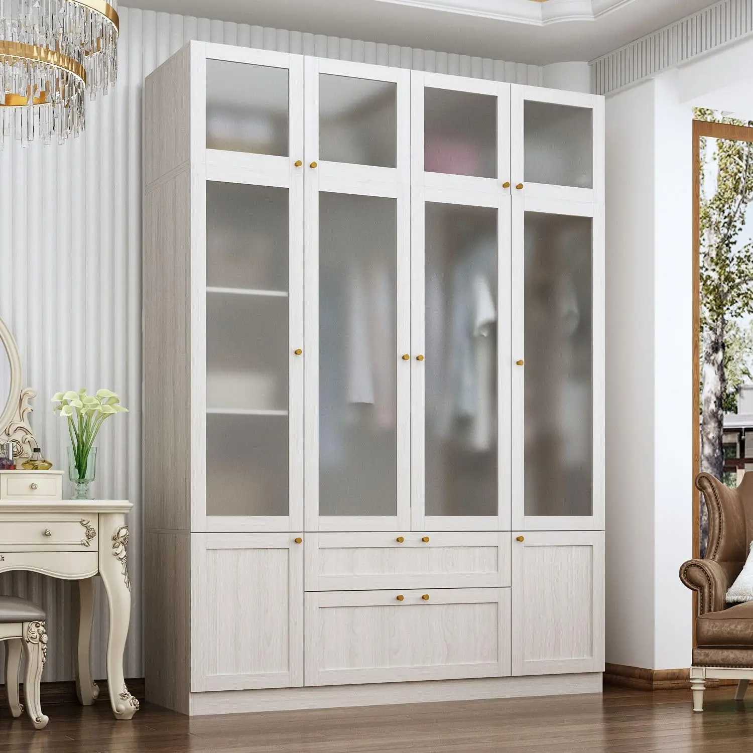 MOUMON Large Wardrobe Closet with 4 Acrylic Doors and 2 Drawers, Armoire Wardrobe Closet with Hanging Rod, Top Cube Storage